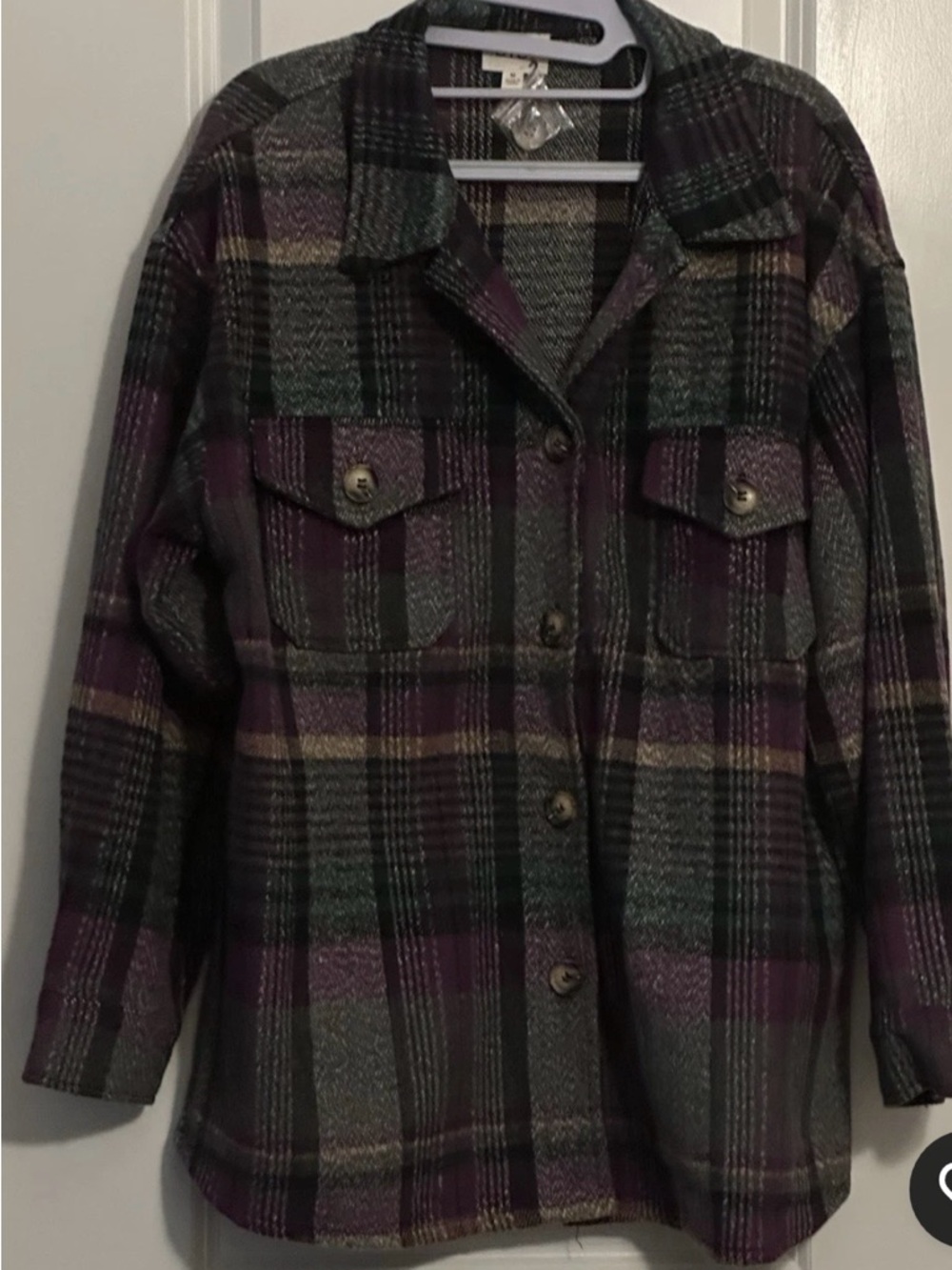 BiBi Plaid Button-Front Shacket in Purple and Gray